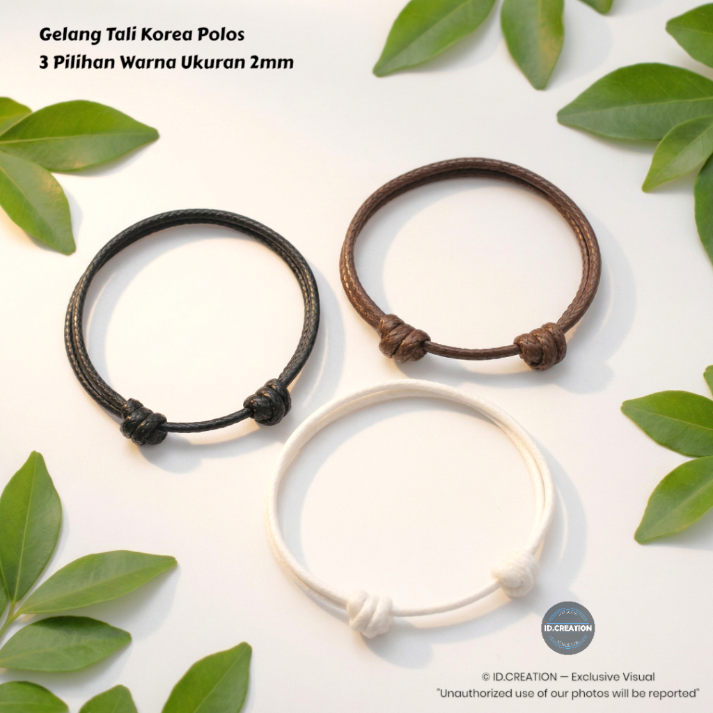 Gelang Polos Simpel - Tali Korea 2mm Hitam Coklat Putih Untuk Pria Wanita (1 Pcs)
