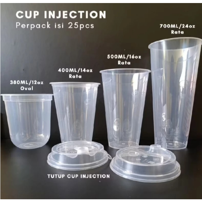 (ISI 25 PCS) Gelas PP Cup Injection Datar Oval 12oz / 14oz / 16oz / 22oz / Injection Cup Datar (PP)