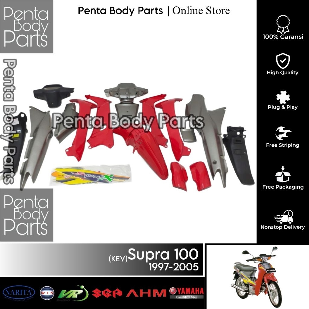 Full Cover Body Honda Supra 100 (KEV) - Ful Set Bodi Astrea Supra X XX V Fit 1997-2005 Warna Merah S