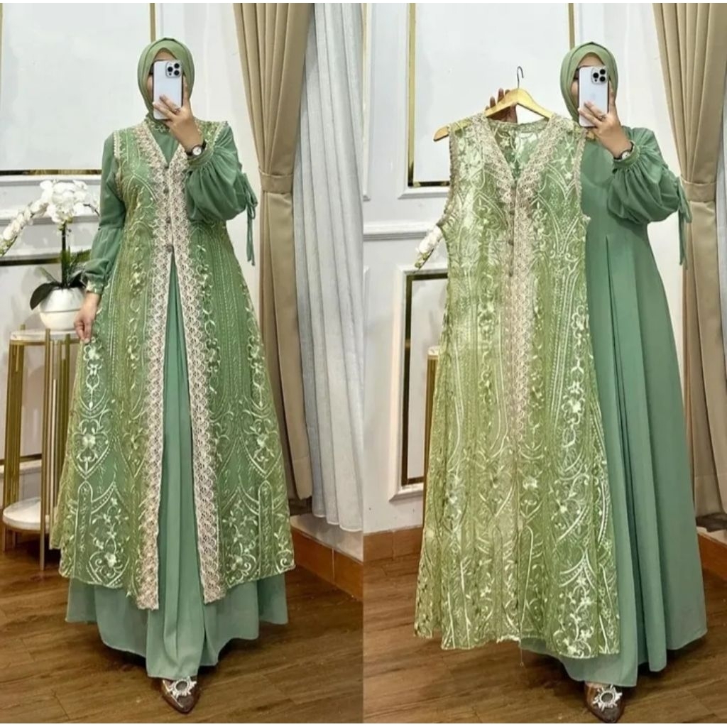 gamis rompi lepas terbaru 2026 Sage green mewah lebaran / outer panjang brukat terpisah viral tahun 