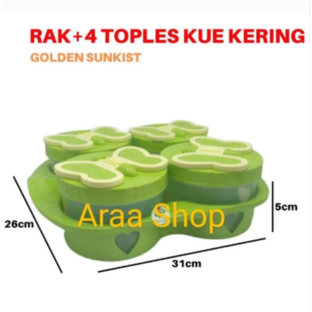 GOLDEN SUNKIST Toples Kue Set 4 pcs Toples + 1 pcs Rak Nampan Tatakan FOOD GRADE BPA FREE / 1 Set To