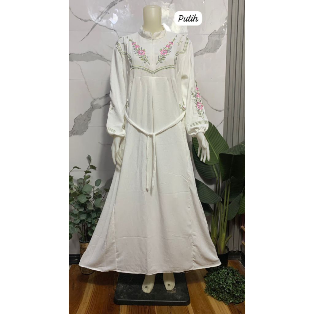 Ready. Gamis Putih bordir, Gamis Lebaran wanita 2026 Gamis terbaru cringkle