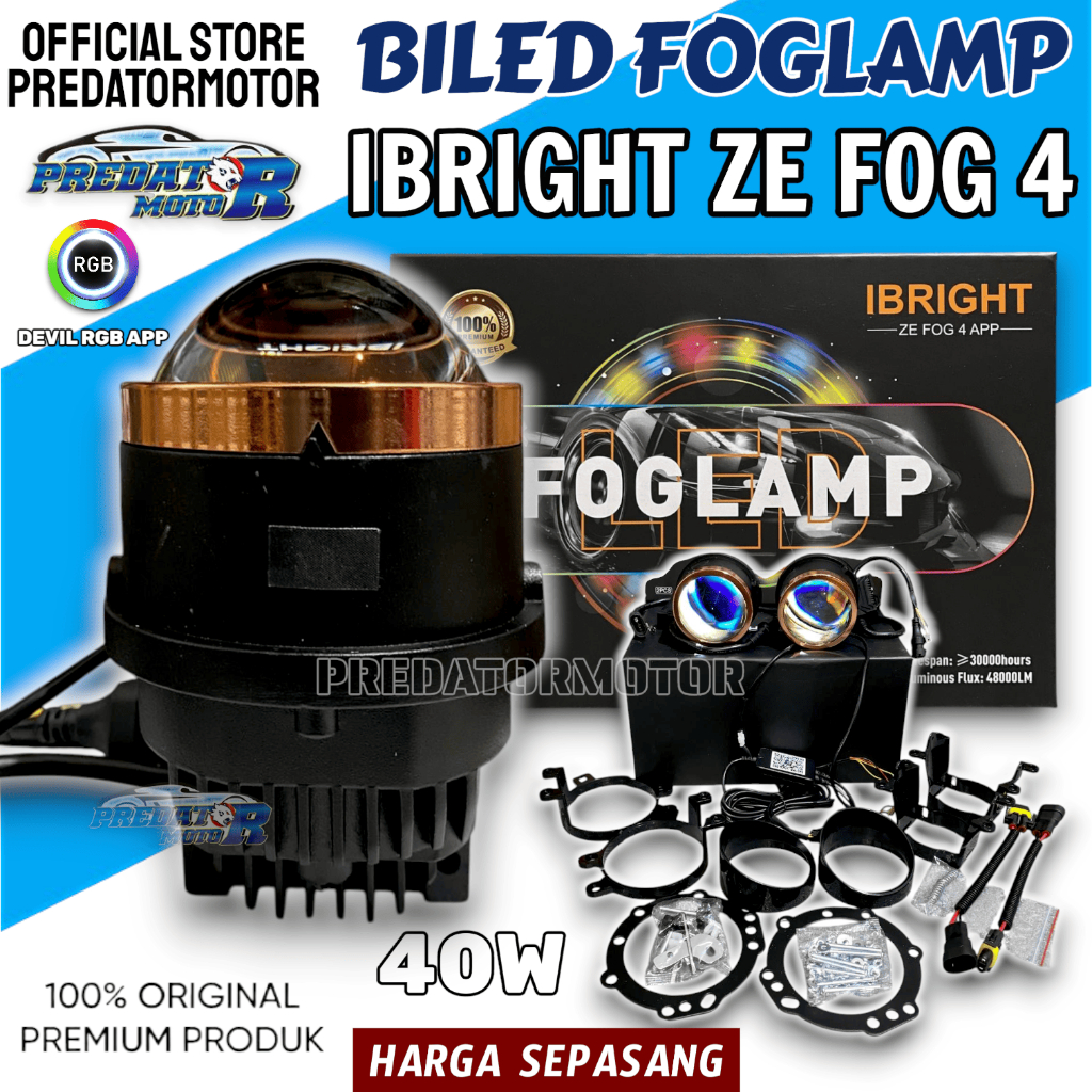 Foglamp Biled IBRIGHT ZE FOG 4 Bluelens Lengkap Brecket Devil Rgb Apps Foglamp Mobil Sepasang