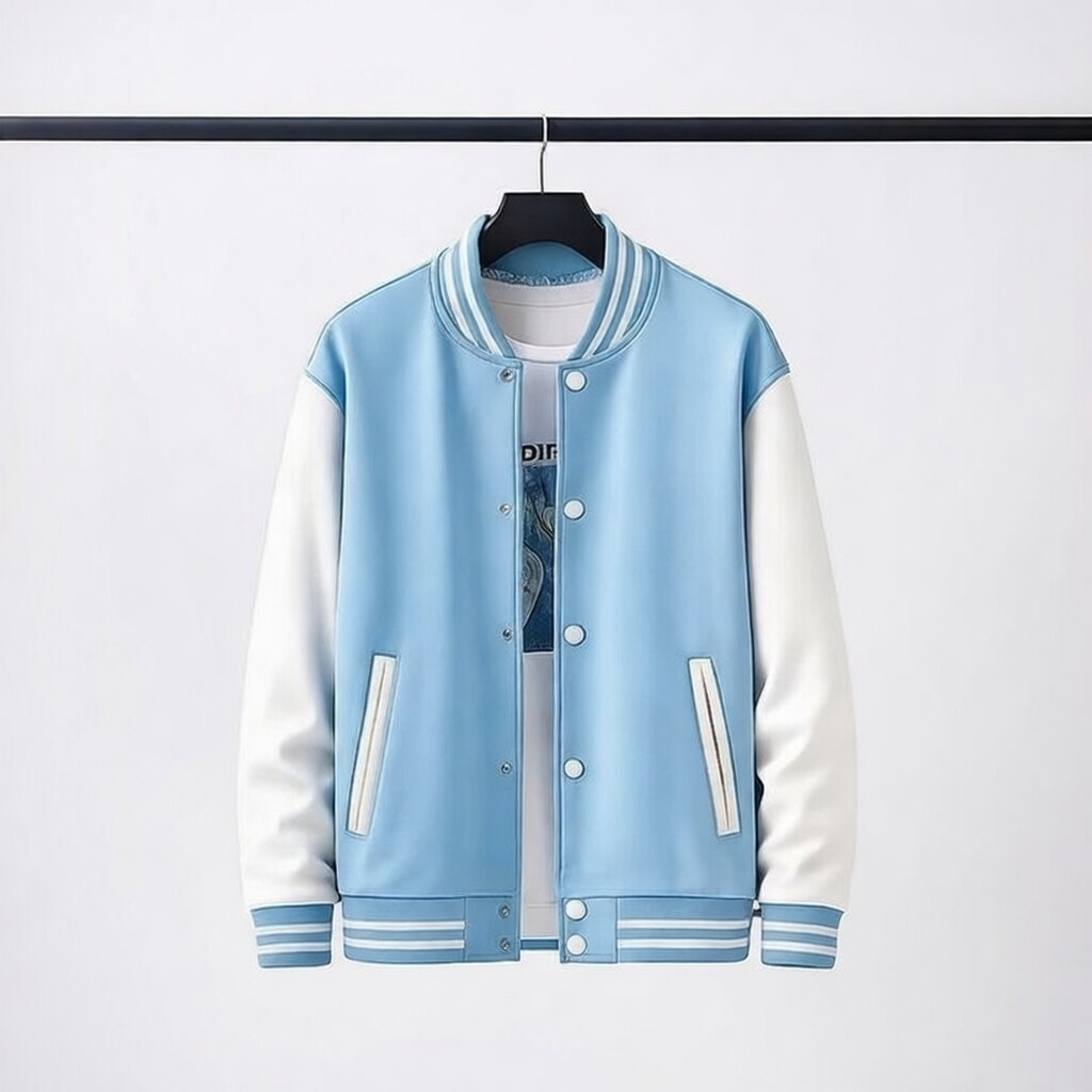 JAKET BOMBER VARSITY BABY BLUE-PUTIH POLOS S-6XL JAKET BOMBER VARSITY POLOS BABY BLUE.