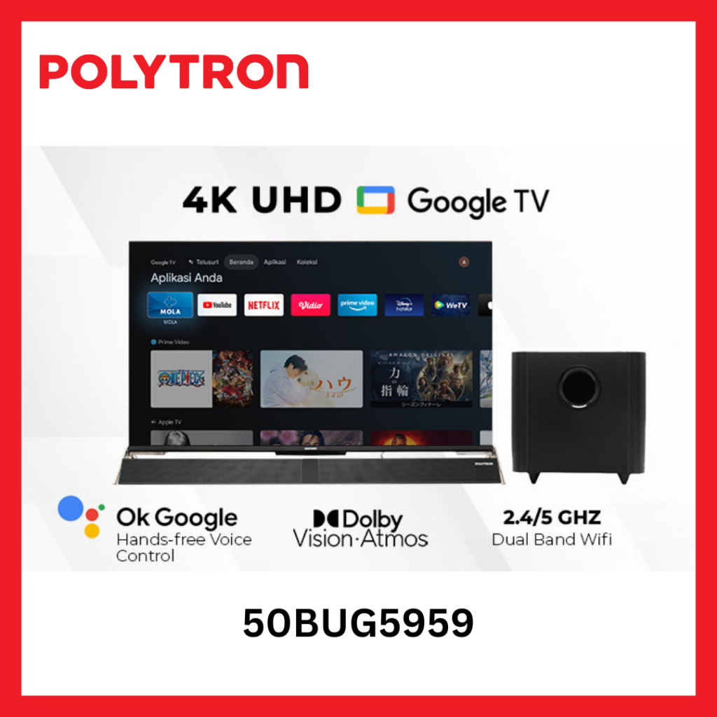 POLYTRON 50BUG5959 4K Cinemax Soundbar Google TV Youtube Netflix Bluetooth Garansi Resmi 5 thn