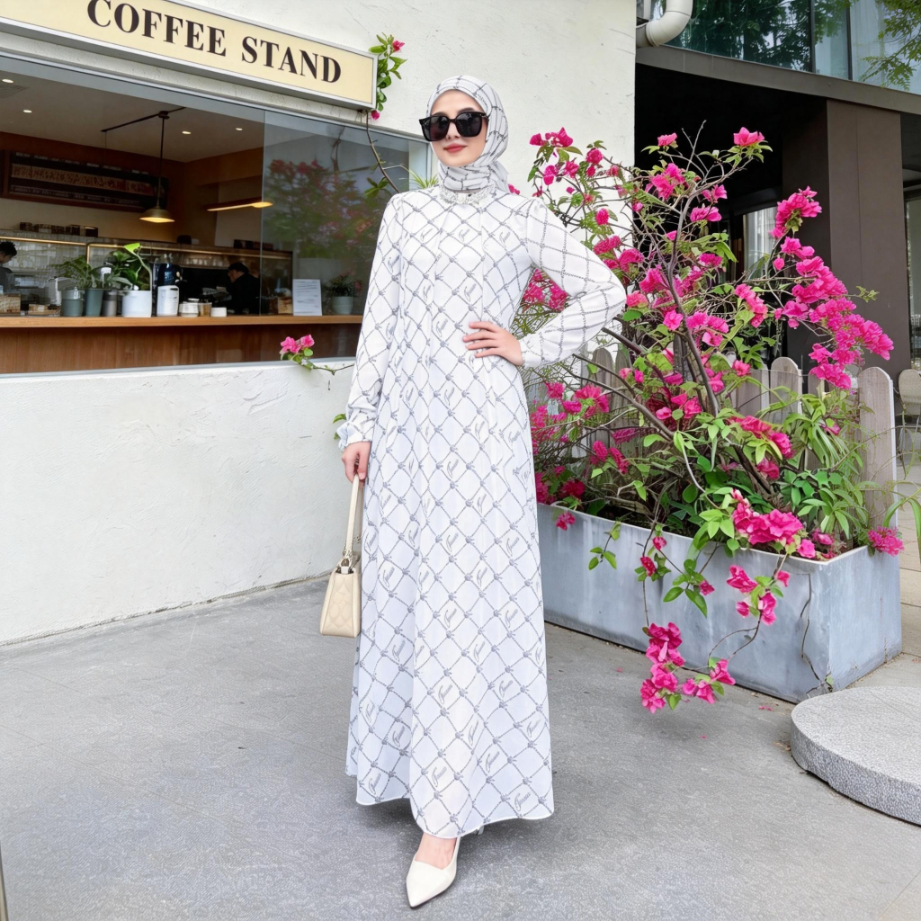 FANMU Putih Dress Gamis Set Hijab Wanita Lebaran Premium