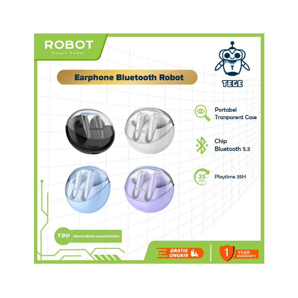 Earphone Robot Flybuds T30 Headset Case Transparant Bluetooth 5.3 TWS Earbuds Wireless Original