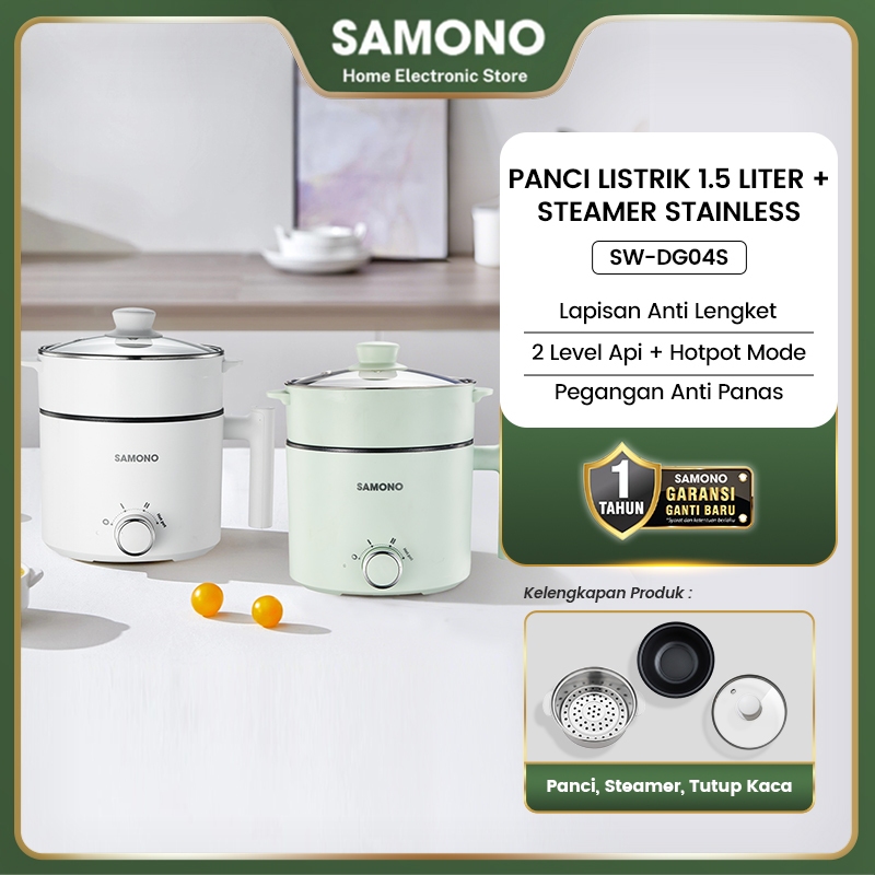 SAMONO Panci Listrik 1.5 Liter Multifungsi 150 Watt Stainless Steamer 3 Mode Daya Dengan Pengukus Tu