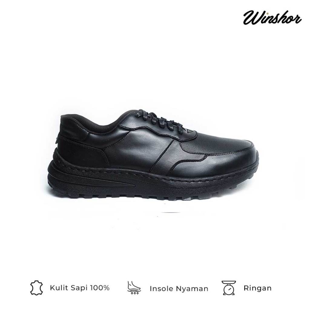 Sepatu Sneakers Kulit Asli Pria - Winshor - Falco - Full Black
