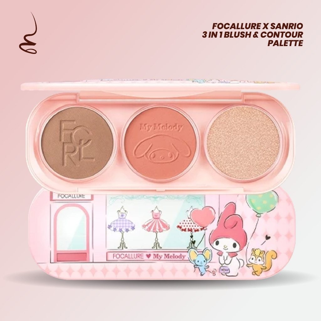 Focallure X Sanrio 3IN1 Blush & Contour Palette Blush On Highlighter Praktis 1 Palette Multifungsi
