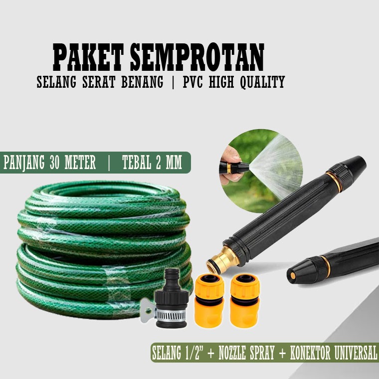 HBS Paket Selang Air Taman 30 Meter Premium Serat Benang Tebal 2mm Nozzle Semprotan Air  Konektor Se