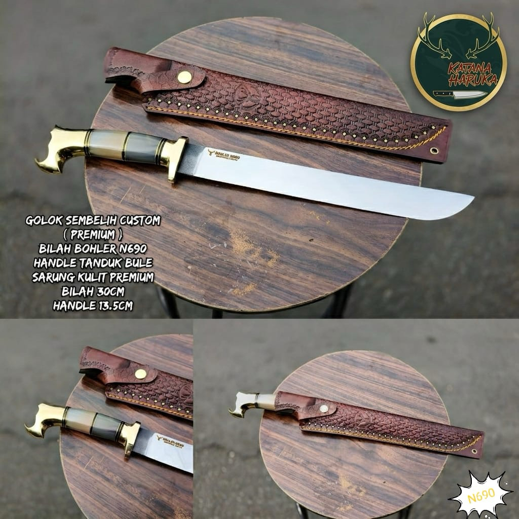 Golok Sembelih Premium Bohler N690 - Handle Tanduk Bule & Sarung Kulit Ukir