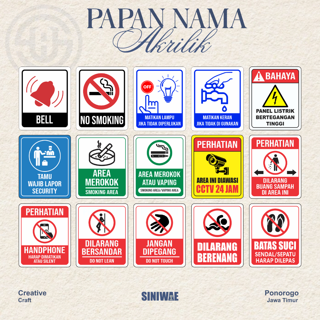 ( 11 x 9 cm ) Papan Nama Ruangan Sign Akrilik 2mm Bell No Smoking Matikan Lampu Matikan Kran Panel L