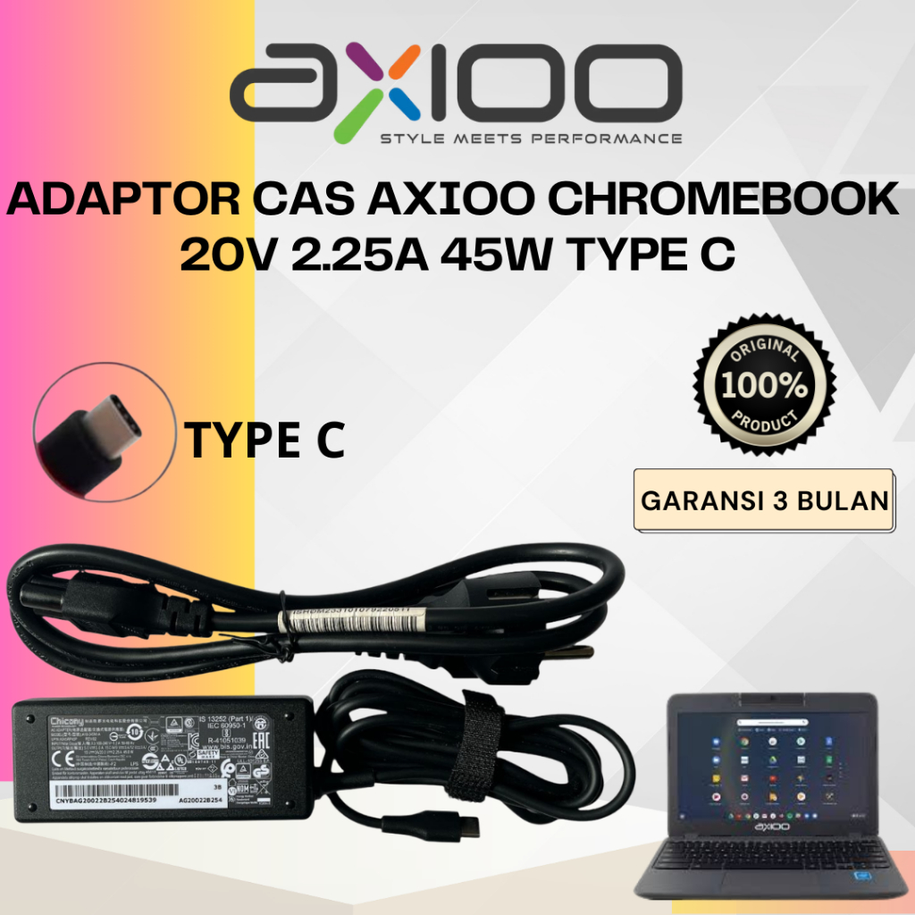 Adaptor Cas laptop Axioo Chromebook Type C 45w 20v 2.25a Garansi 3 Bulan