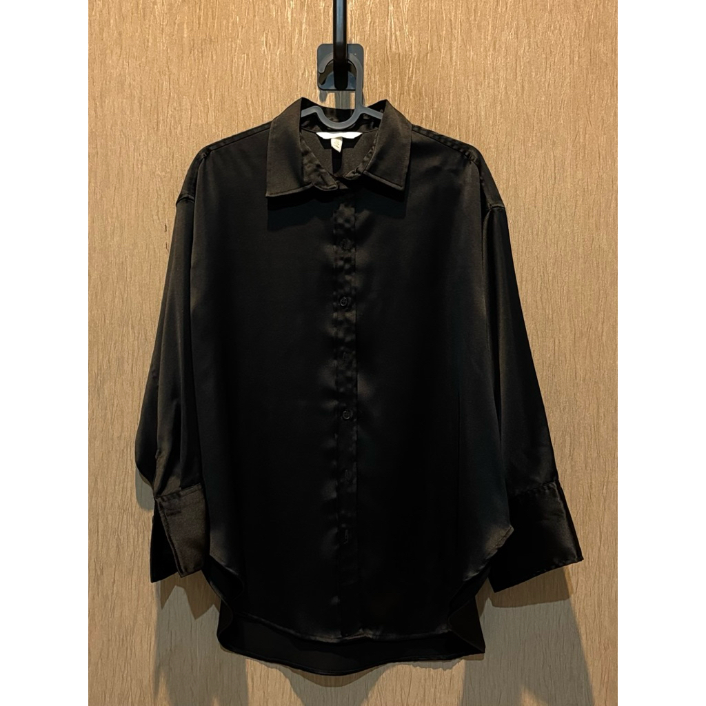 H&M HNM Satin Shirt Black Kemeja Satin