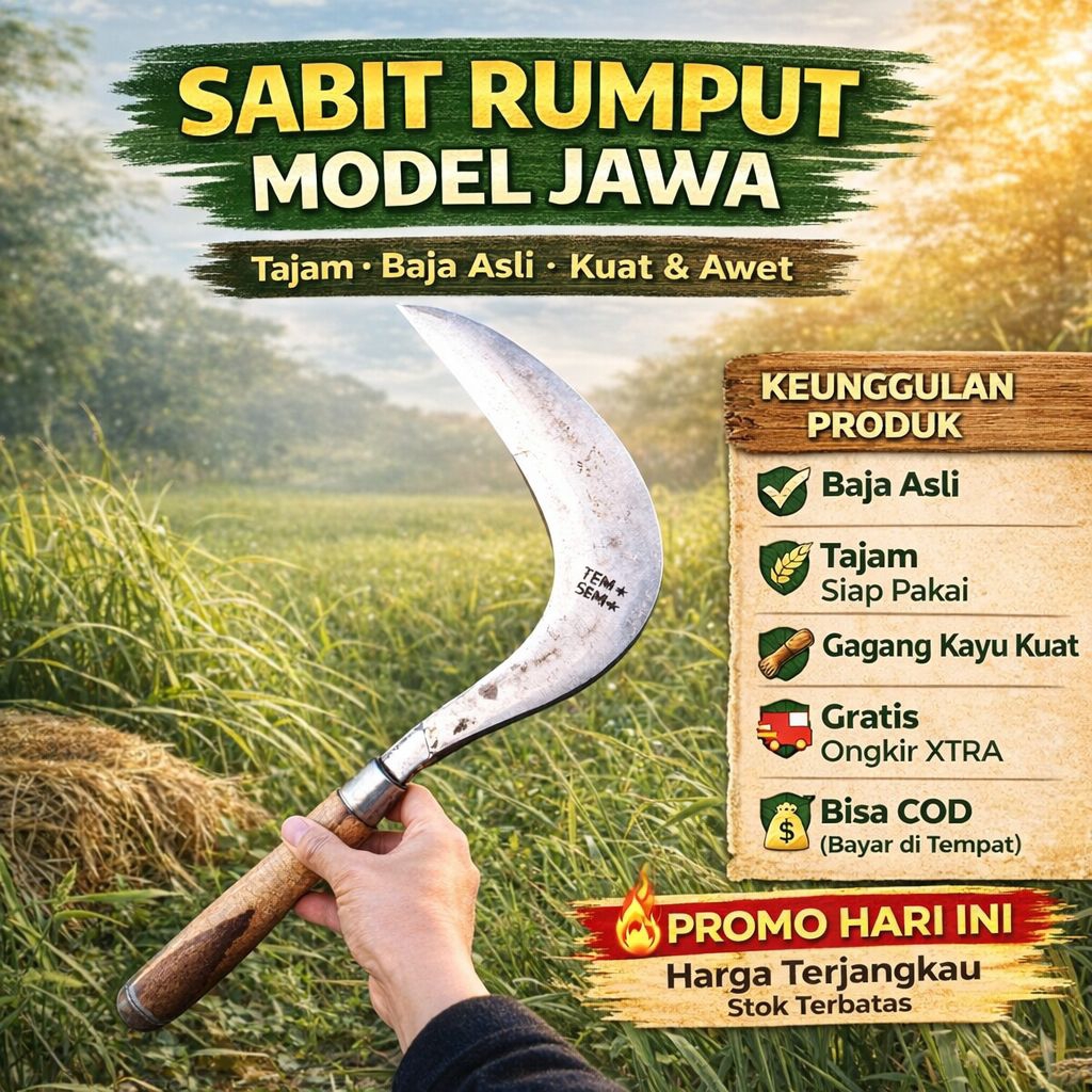 Sabit Rumput Baja Asli Model Jawa Super Tajam Alat Potong Rumput Kebun Sawah