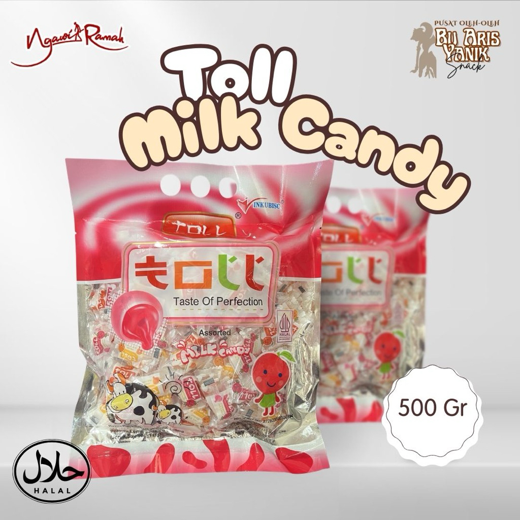 Toll Milk Candy Permen Susu Kenyal Untuk Lebaran 500Gr Halal, Aneka rasa Jeruk Strawberry, Taro