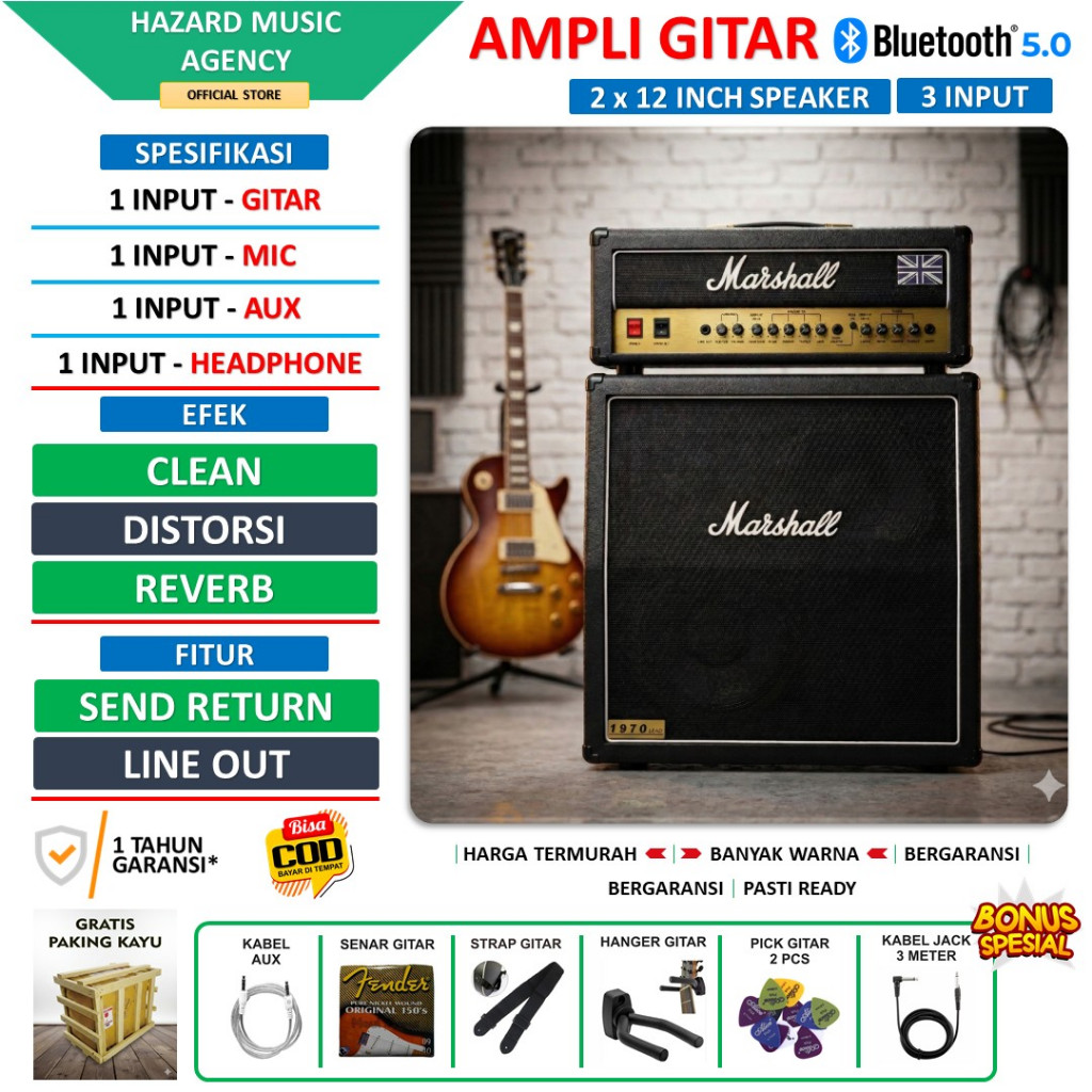 Ampli Gitar & Bass 2x12 Inch Bluetooth Marshall bisa untuk karaoke 3 Input Head Cabinet