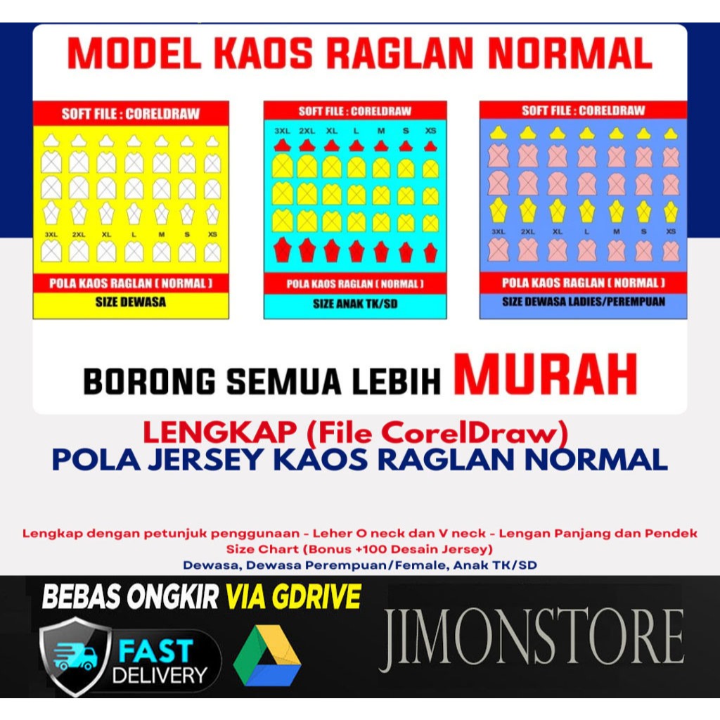 POLA JERSEY KAOS RAGLAN NORMAL LENGKAP (File CorelDraw)