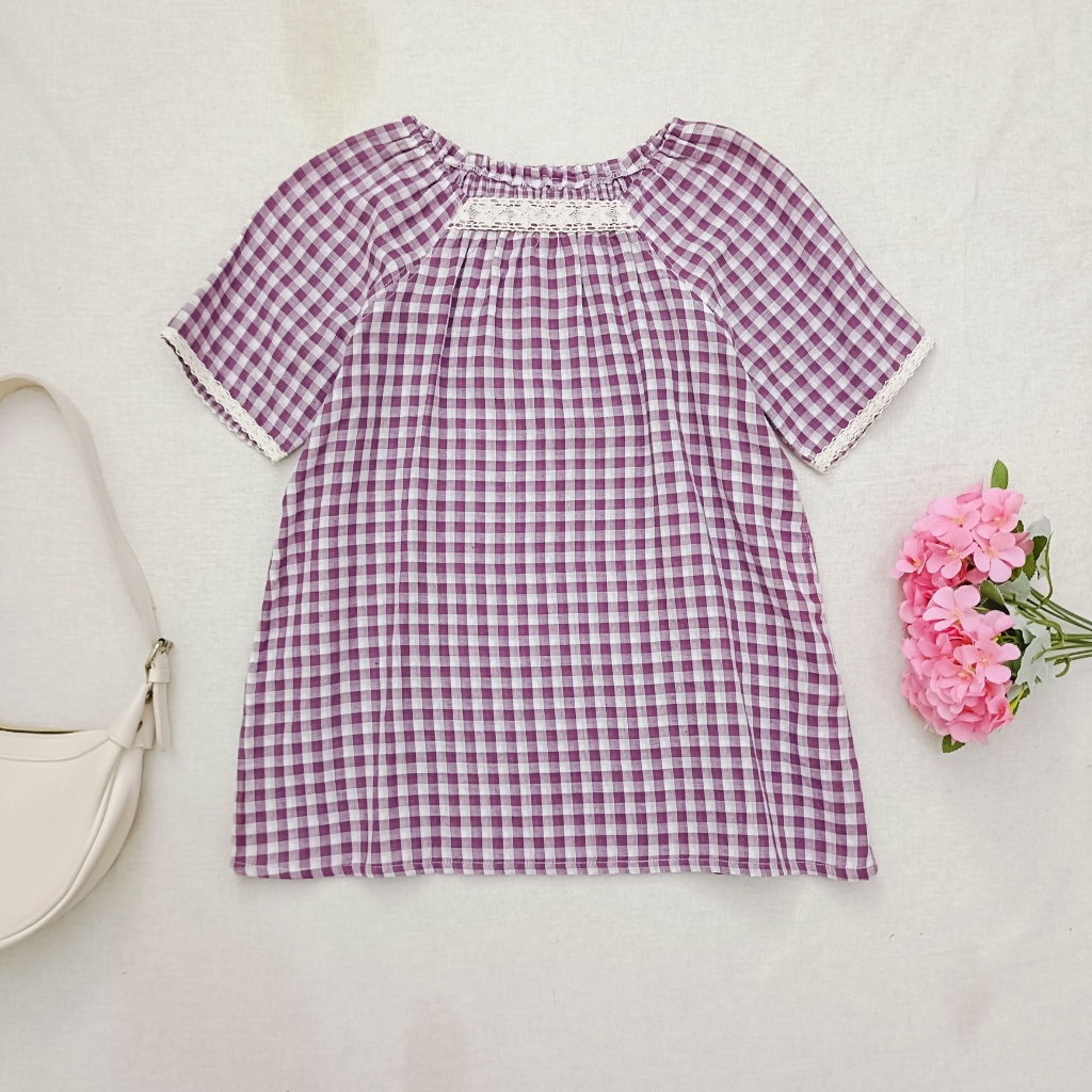 Gingham Lace Blouse Coquette Kawaii Harajuku Mori Girl Top