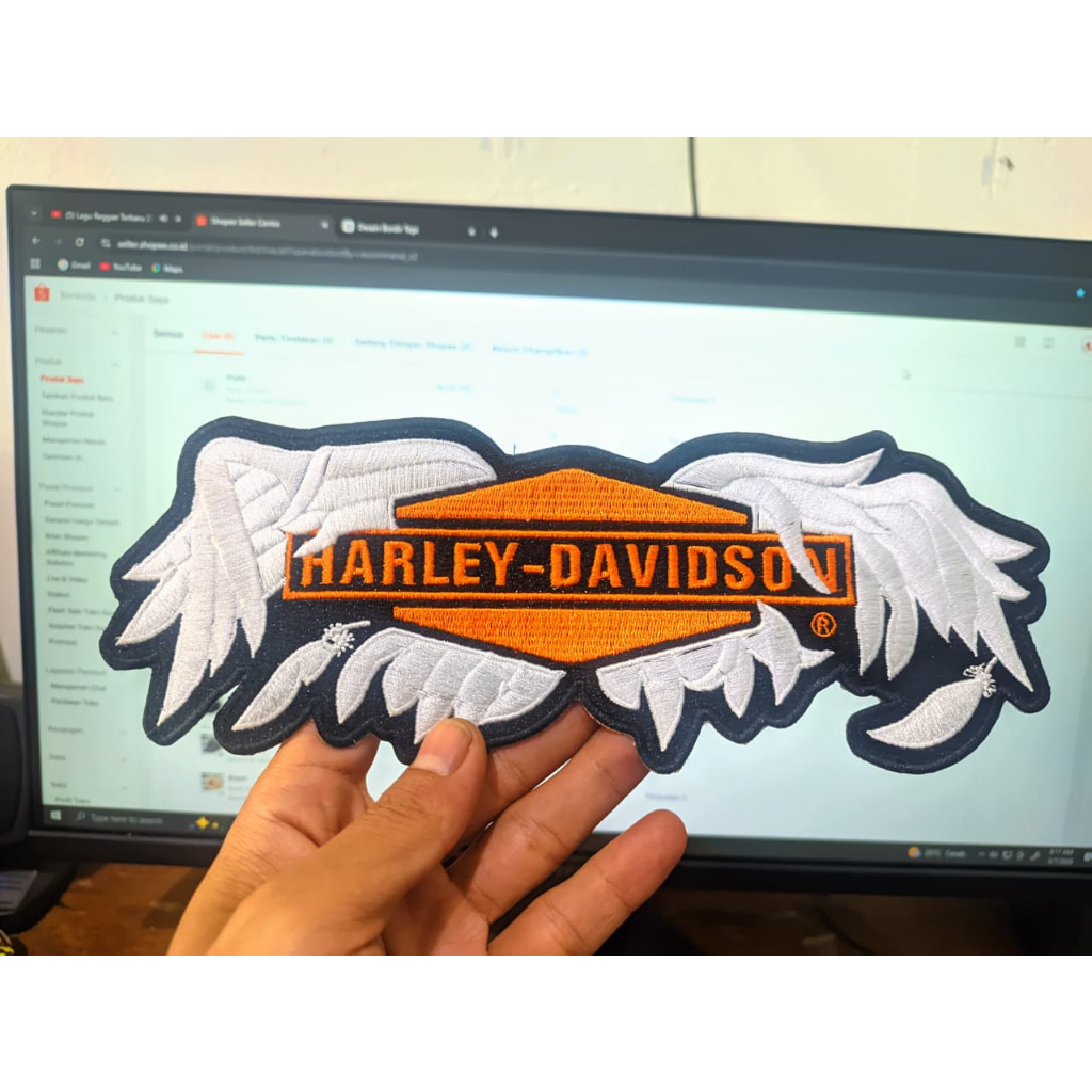Patch Bordir Sayap Harley-Davidson Besar | Emblem Bordir Motor | Patch Jaket, Rompi Biker, Tas