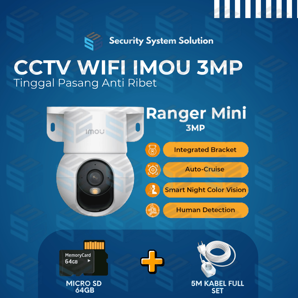 CCTV WiFi IMOU 3MP Paket Lengkap + MicroSD 64GB + Kabel Power 5M | Cruiser SC / Bullet / DK2 / Range