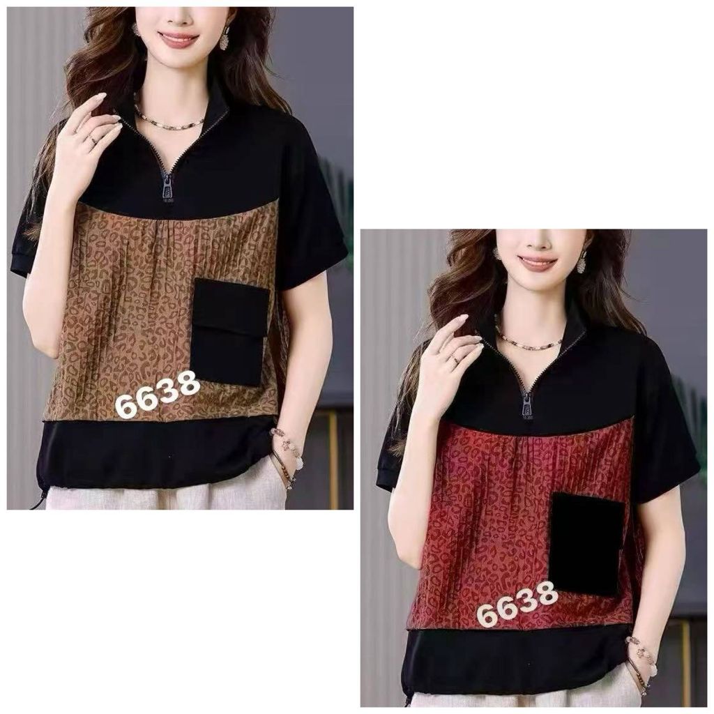 Atasan wanita kaos mix katun motif leopard | Kaos krah zipper premium import quality | Kaos wanita p