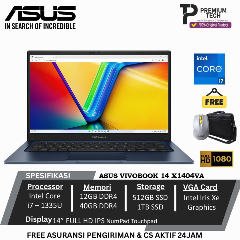 Laptop Baru Asus Vivobook 14 X1404VA Intel Core I7 1355U 40Gb 1Tb Ssd Fhd Windows 11 Home