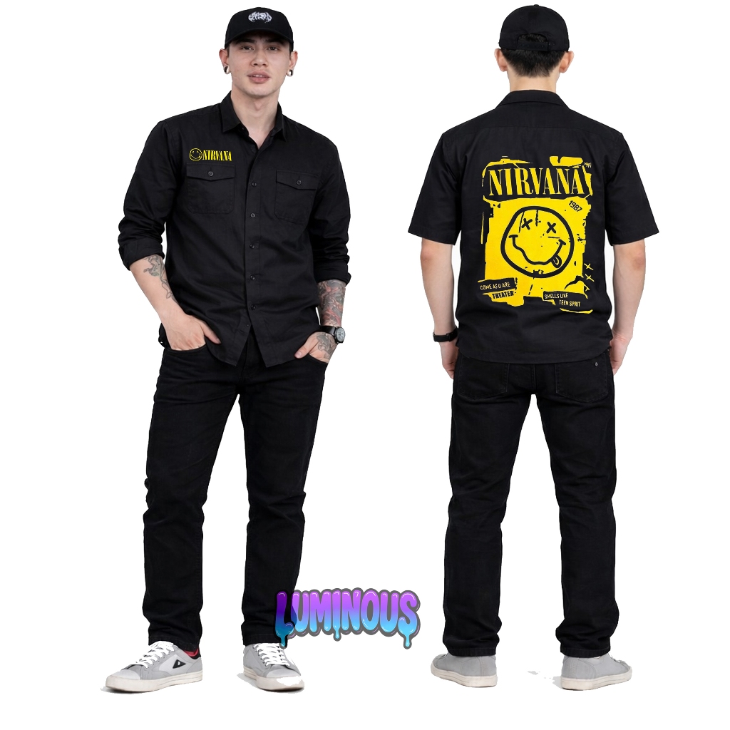 workshirt kemeja pendek nirvana workshirt band musik tempelan sablon dtf premium terlaris