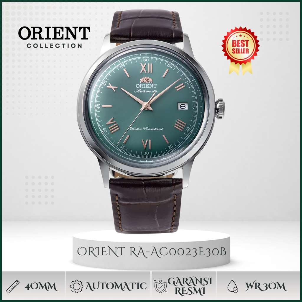 Jam Tangan Pria Orient Bambino RA‑AC0023E30B Automatic Green Dial Leather Strap Original