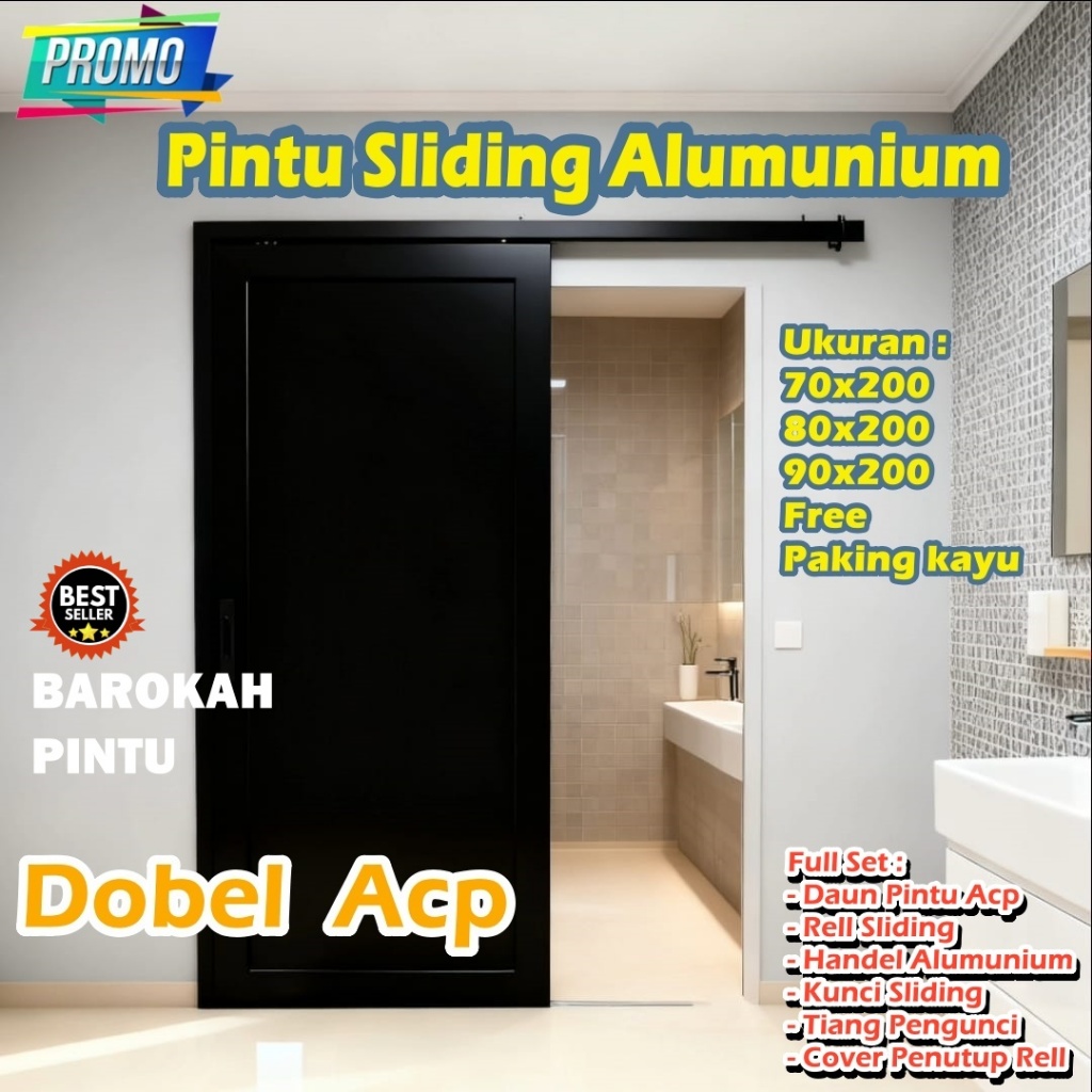 Pintu sliding aluminium ACP +  full set + penutup rel + Tiang pengunci L70xT200 / L80xT200 / L90xT20