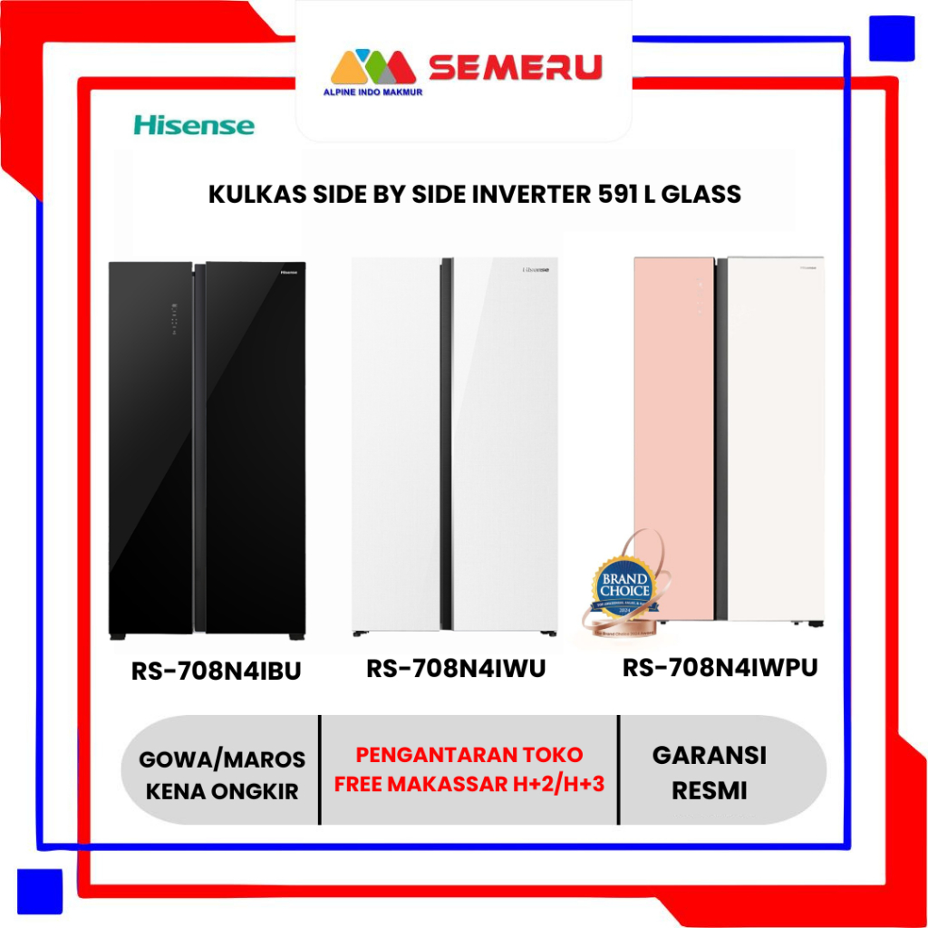 HISENSE KULKAS SIDE BY SIDE INVERTER 591 L BLACK GLASS RS-708N4IBU / WHITE GLASS RS-708N4IWU / PINK 