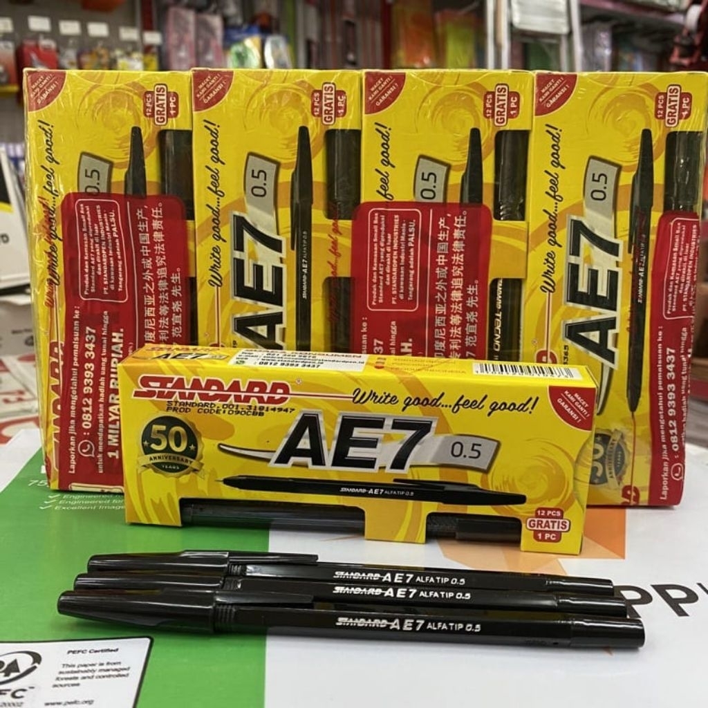 Pulpen Standar Ae 7 Hitam 1 gross isi 12 pack