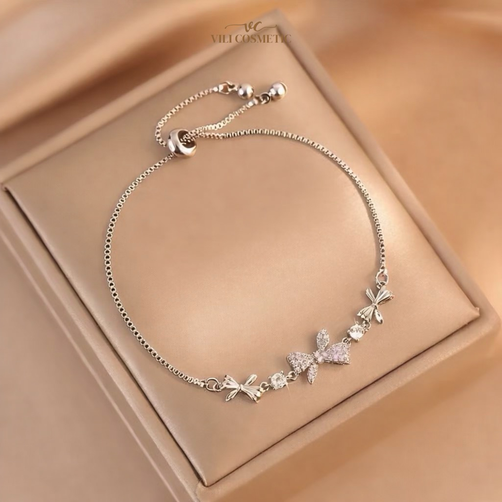 Gelang Titanium Wanita Anti Karat Berlian Emas Pita