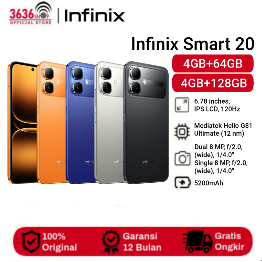 infinix smart 20 LTE 4GB+64GB - 4GB+128GB Display Size 6.78 inches - Mediatek Helio G81 Ultimate - 5