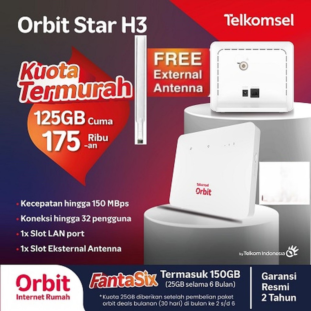 Modem Wifi Router Orbit Star H3 4G LTE Cat4 Powered by Huawei Free Kuota Telkomsel 150 GB