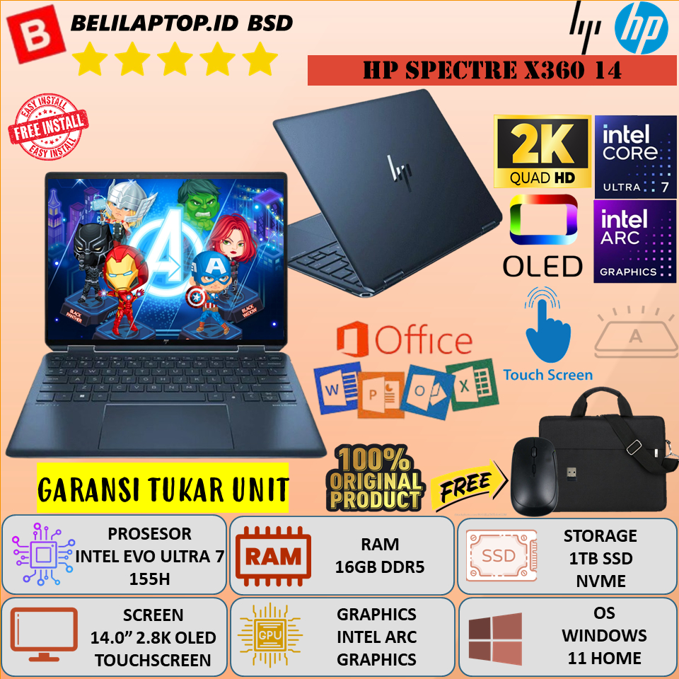 Laptop HP Spectre X360 14 Intel EVO Ultra 7 155H Ram 16GB DDR5 1TB 14" 2.8K OLED Touch Windows 11