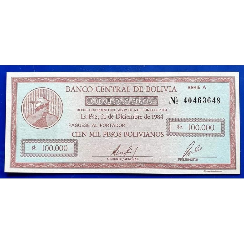 Uang kertas 100.000 pesos 1984 bolivia Unc