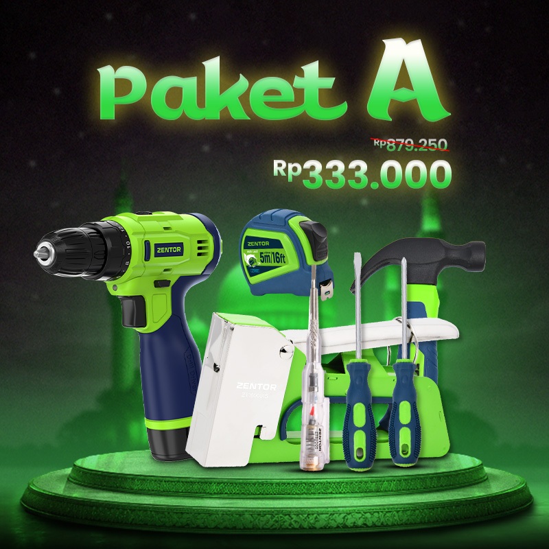 Paket Alat Pertukangan Lengkap Zentor - Bor Baterai + Obeng + Palu Mini + Staple Gun + Meteran + Tes