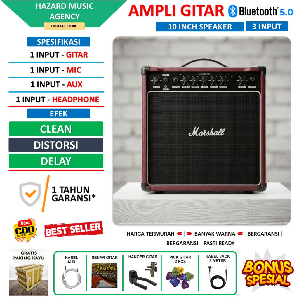 Ampli gitar & bass 10 Inch 3 input bluetooth bisa untuk karaoke ada efek distorsi delay merah