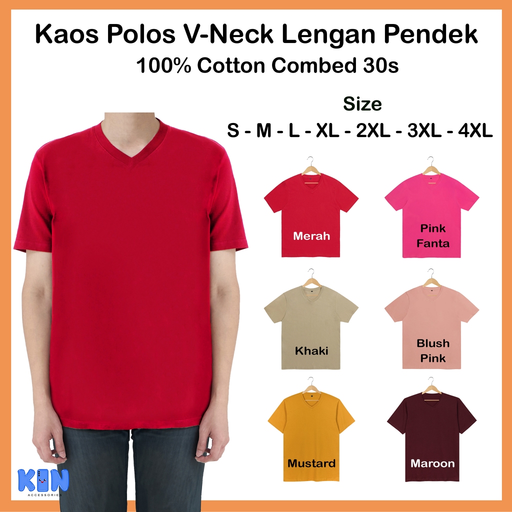 Kaos Polos Pria V-Neck Lengan Pendek Soft Cotton Combed 30s Warna Merah Pink Fanta Blush Khaki Musta