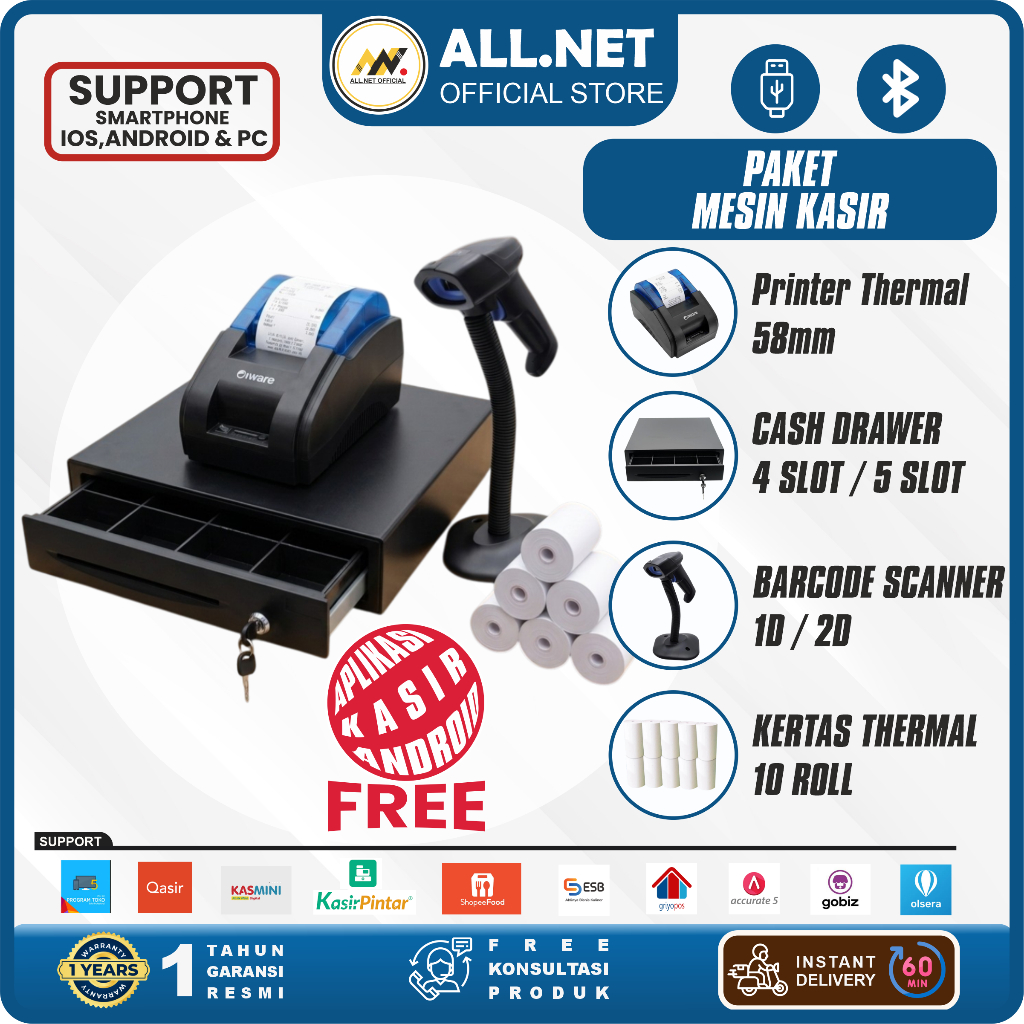 Paket Mesin Kasir Android Bluetooth IWARE JPOS 58MM Free kertas 10 ROLL Cetak Nota Kasir dan Struk