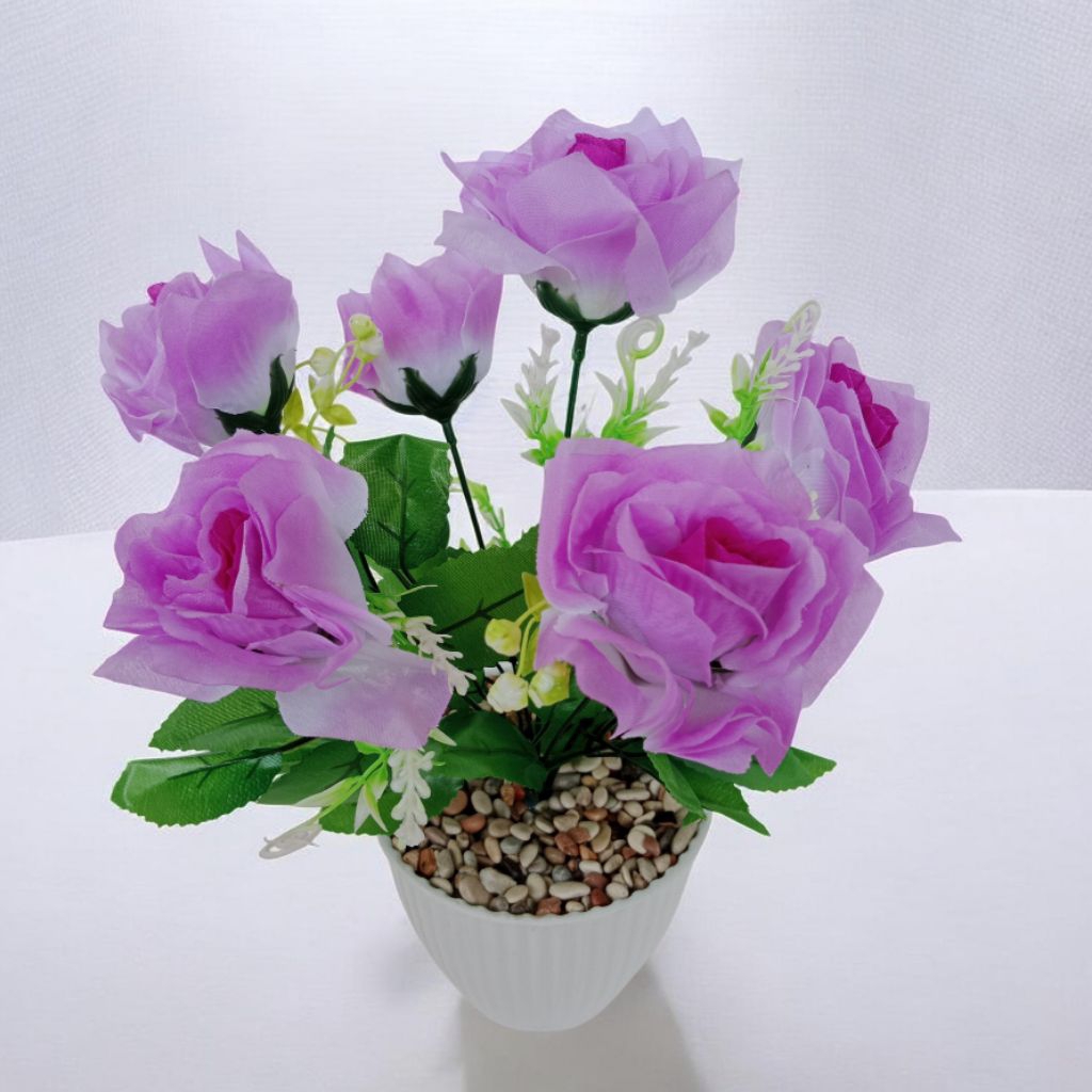 Bunga Rose besar artificial sudah set pot besar