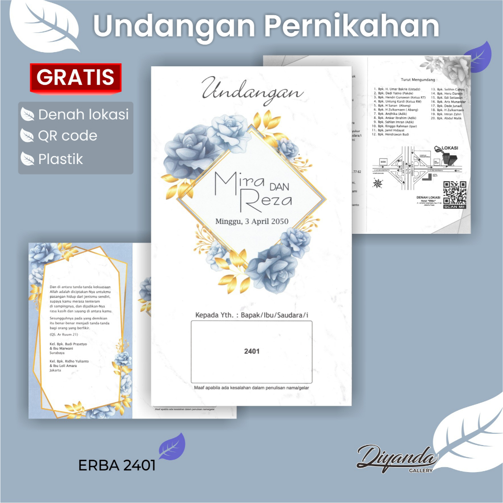 Undangan Pernikahan Minimalis Biru Gold Floral | Blangko Undangan Nikah ERBA 2401