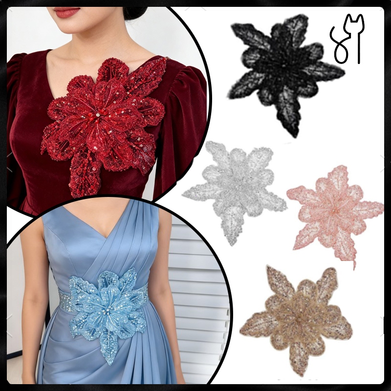 Lace Bordir 3D Flower Full Payet Lace Wedding Dress Multi Layers Organza Flowers Hiasan Gaun Pengant