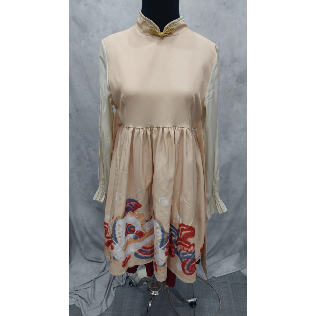 Dress cheongsam lolita motif lukisan barongsai lengan panjang