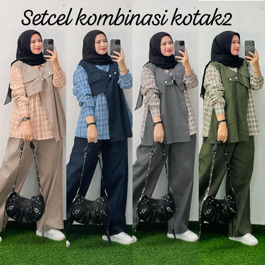 Milona set Sale - Setcel Lebaran - Set Celana Rompi Wanita - Setcel Kombinasi Kotak Kotak