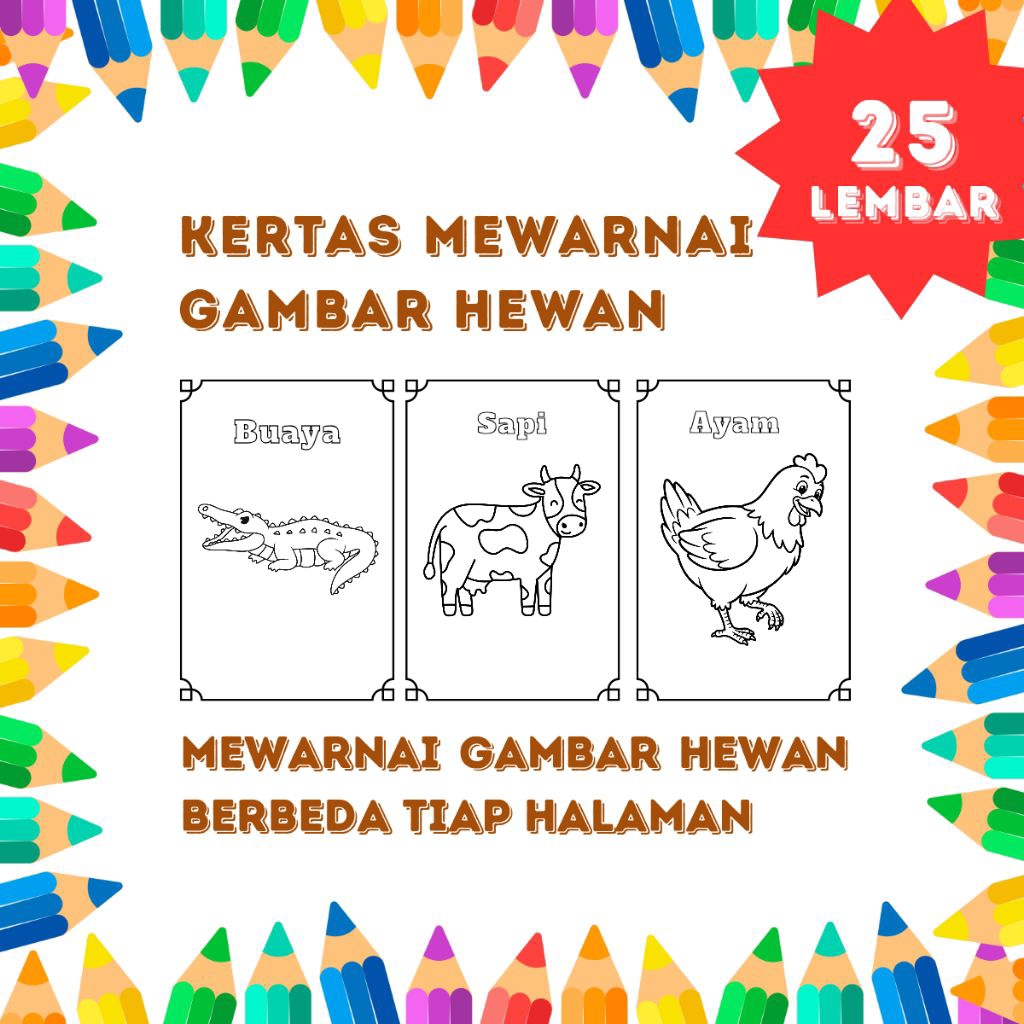 Kertas Mewarnai Untuk Anak Cocok Untuk TK/PAUD Tema Hewan dengan Gambar Berbeda