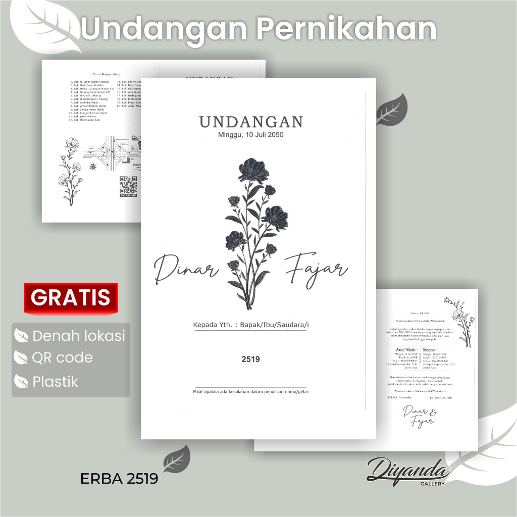 Undangan Pernikahan Minimalis Elegan chrome putih Floral | Blangko Undangan Nikah Murah | ERBA 2519
