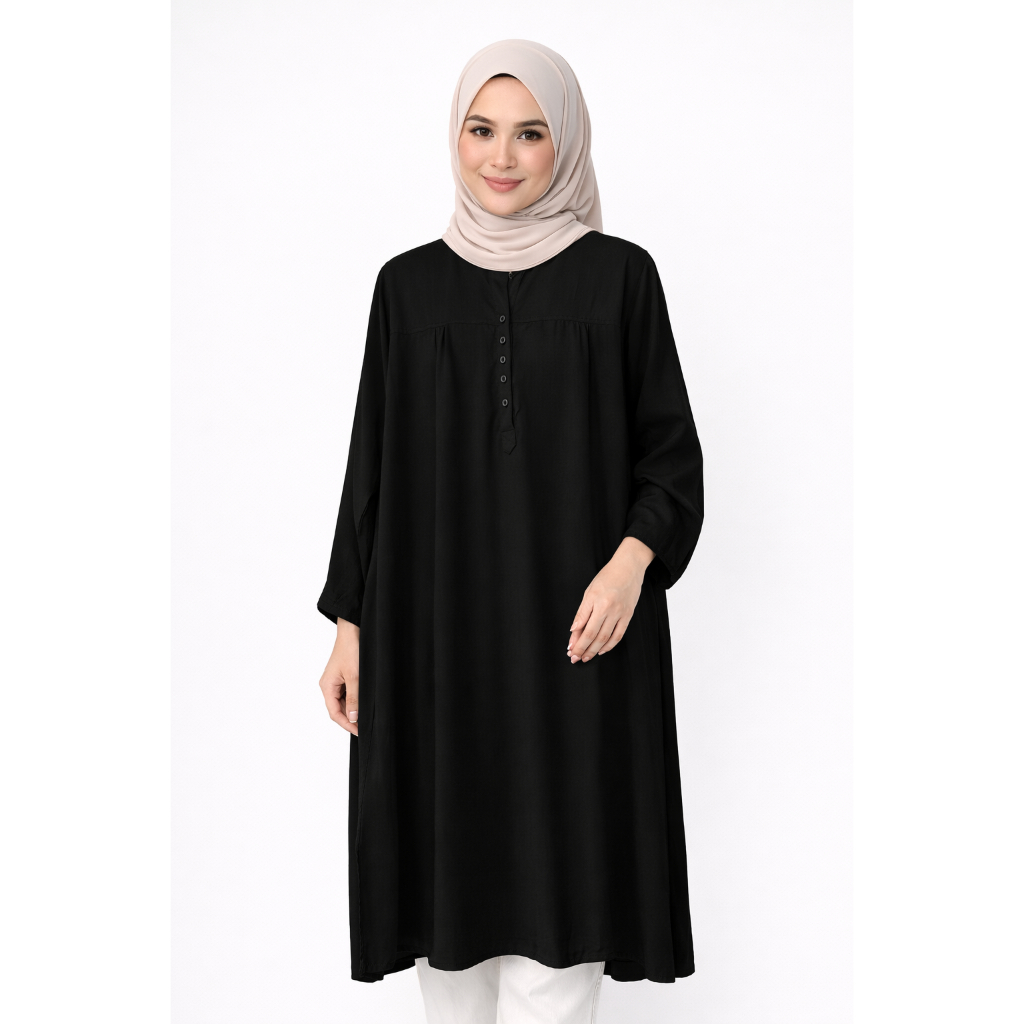 Tunik polos rayon hitam jumbo oversized kancing hidup atasan wanita